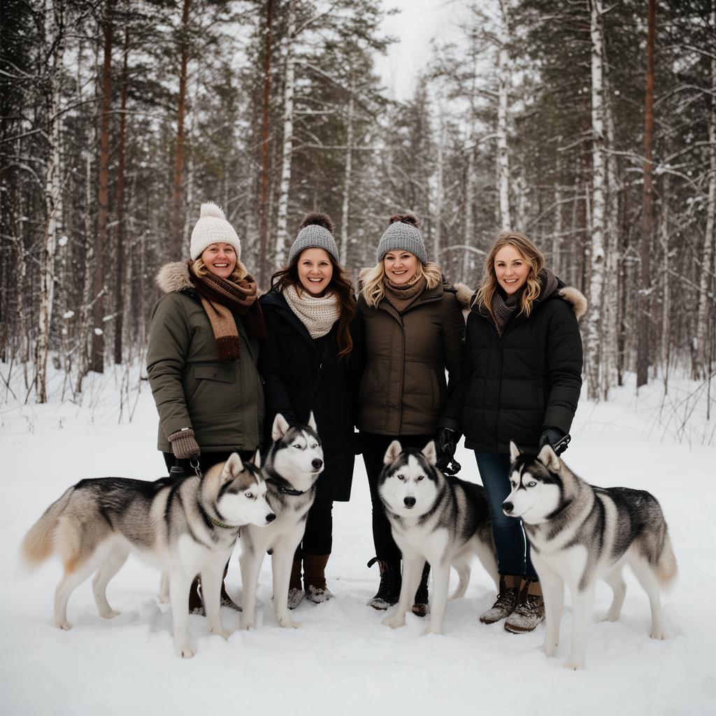 The four founders of Paws of the North with their huskies in a snowy forest